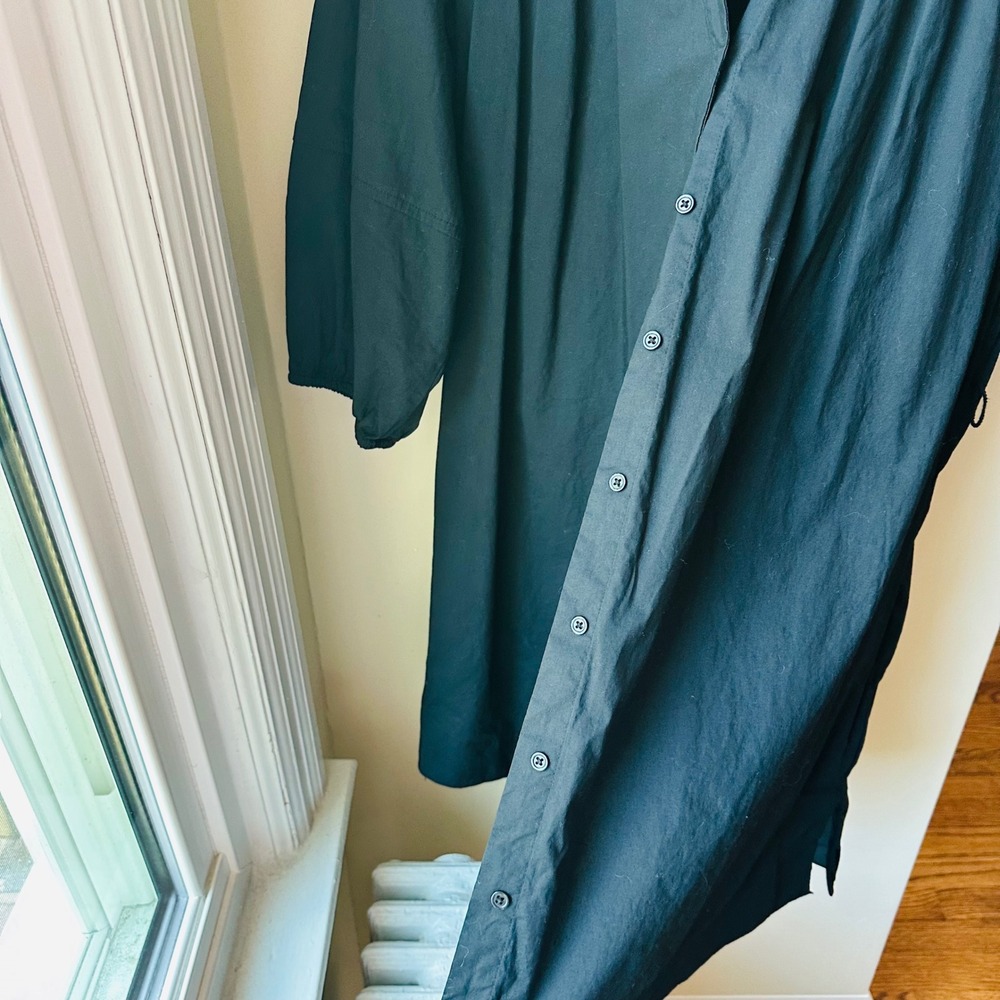 Black Cotton Poplin Mini Shirt Dress Medium Puff Sleeve Minimalist - Picture 5 of 7